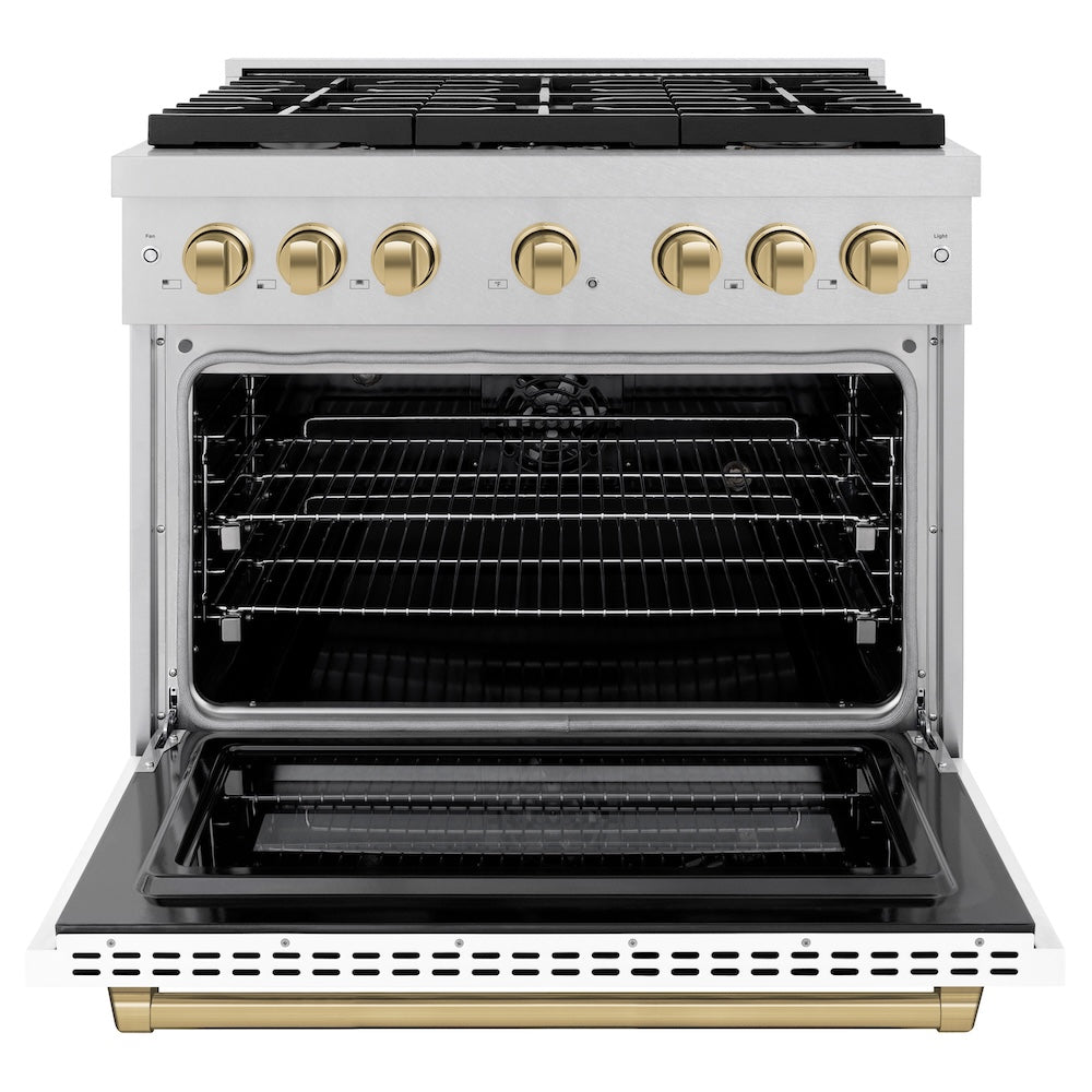 Autograph Edition 36 In. 5.2 Cu. Ft. Paramount Dual Fuel Range With 6 Burner Gas Cooktop And Electric Convection Oven In Satin Stainless Steel With White Matte Door And Champagne Bronze Accen SDRSZWM36CB