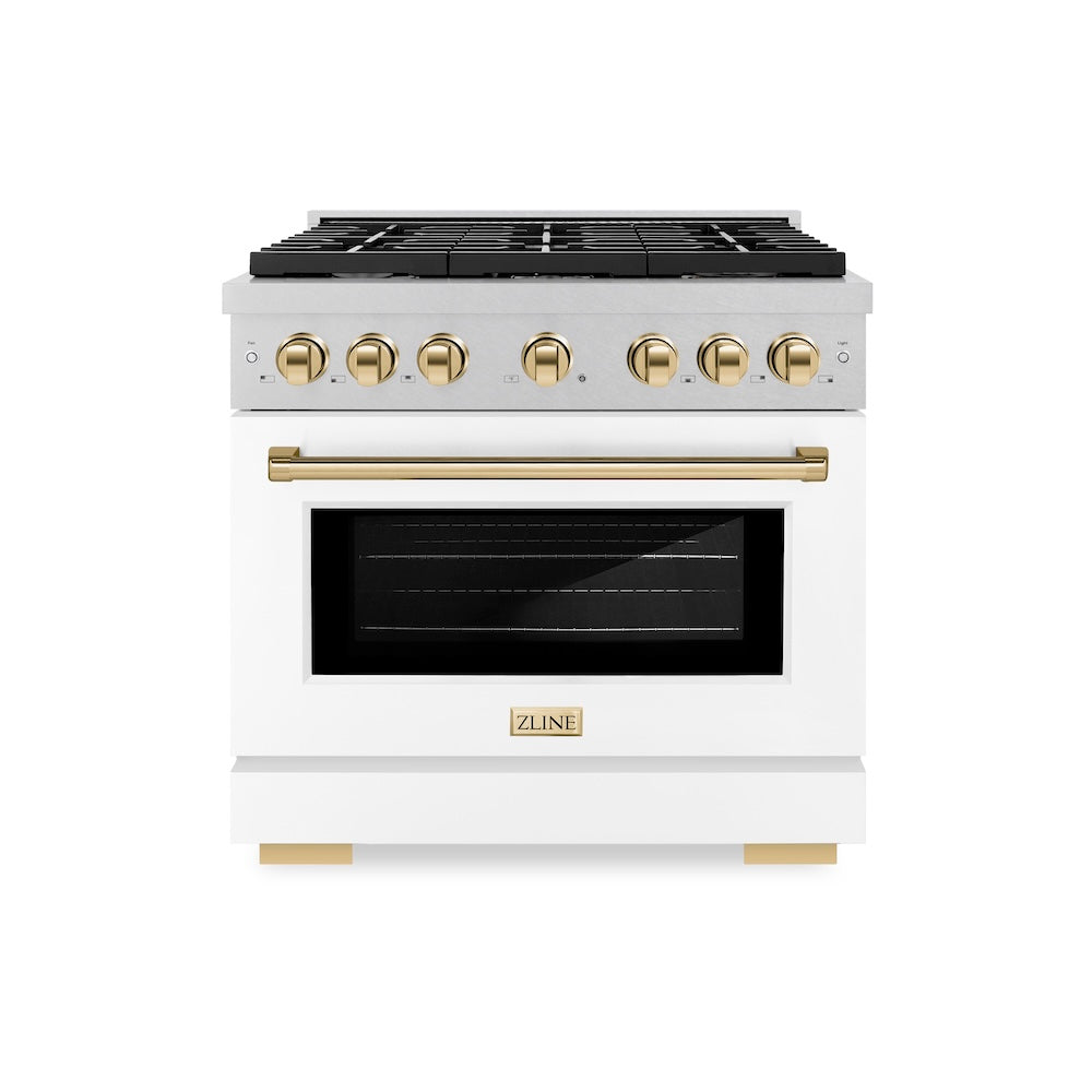 Autograph Edition 36 In. 5.2 Cu. Ft. Paramount Dual Fuel Range With 6 Burner Gas Cooktop And Electric Convection Oven In Satin Stainless Steel With White Matte Door And Polished Gold Accents SDRSZWM36G