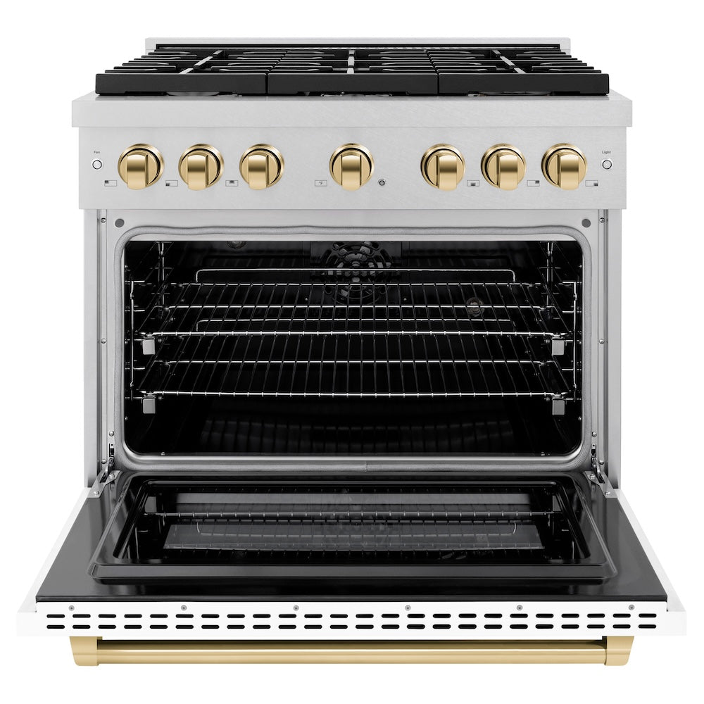 Autograph Edition 36 In. 5.2 Cu. Ft. Paramount Dual Fuel Range With 6 Burner Gas Cooktop And Electric Convection Oven In Satin Stainless Steel With White Matte Door And Polished Gold Accents SDRSZWM36G