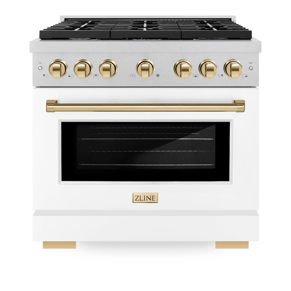 Autograph Edition 36 In. 5.2 Cu. Ft. Paramount Dual Fuel Range With 6 Burner Gas Cooktop And Electric Convection Oven In Satin Stainless Steel With White Matte Door And Polished Gold Accents SDRSZWM36G