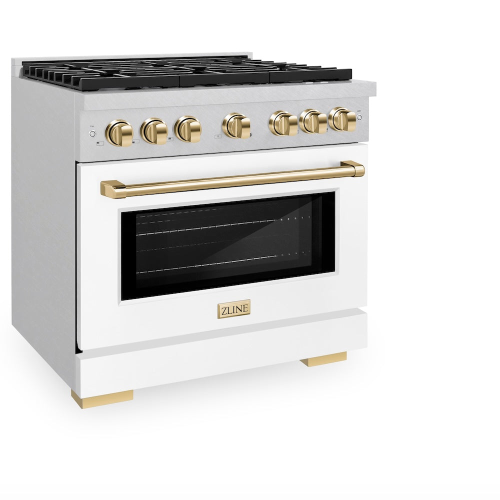 Autograph Edition 36 In. 5.2 Cu. Ft. Paramount Dual Fuel Range With 6 Burner Gas Cooktop And Electric Convection Oven In Satin Stainless Steel With White Matte Door And Polished Gold Accents SDRSZWM36G