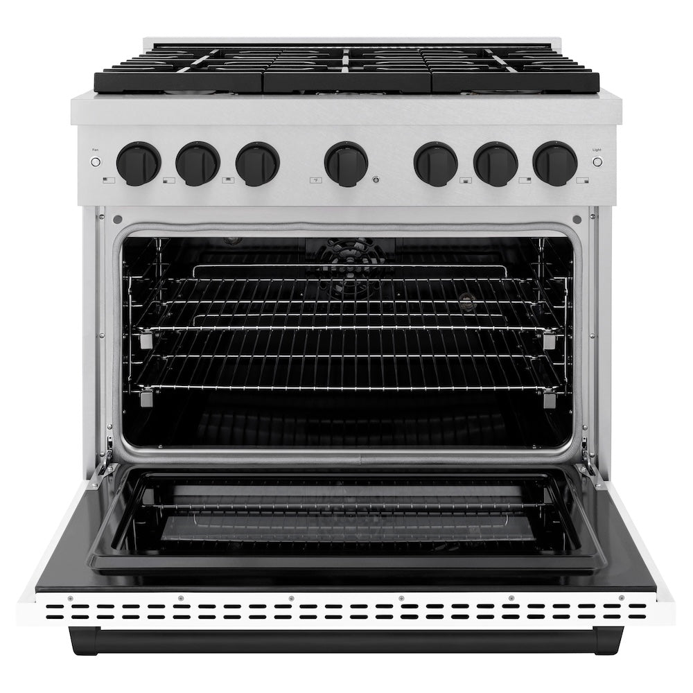 Autograph Edition 36 In. 5.2 Cu. Ft. Paramount Dual Fuel Range With 6 Burner Gas Cooktop And Electric Convection Oven In Satin Stainless Steel With White Matte Door And Matte Black Accents SDRSZWM36MB