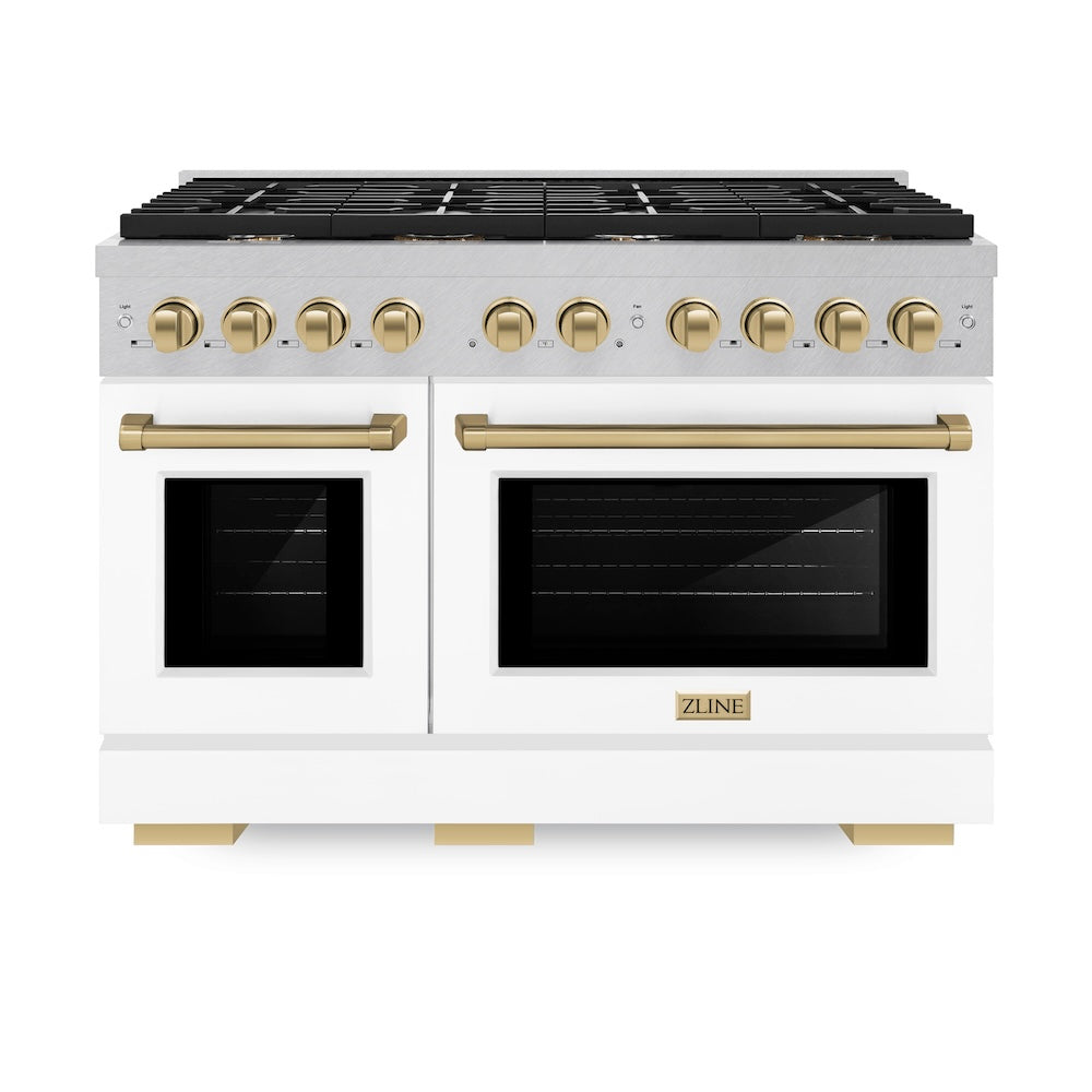 Autograph Edition 48 In. 6.7 Cu. Ft. Paramount Double Oven Dual Fuel Range With 8 Burner Gas Cooktop In Satin Stainless Steel With White Matte Doors And Champagne Bronze Accents SDRSZWM48CB
