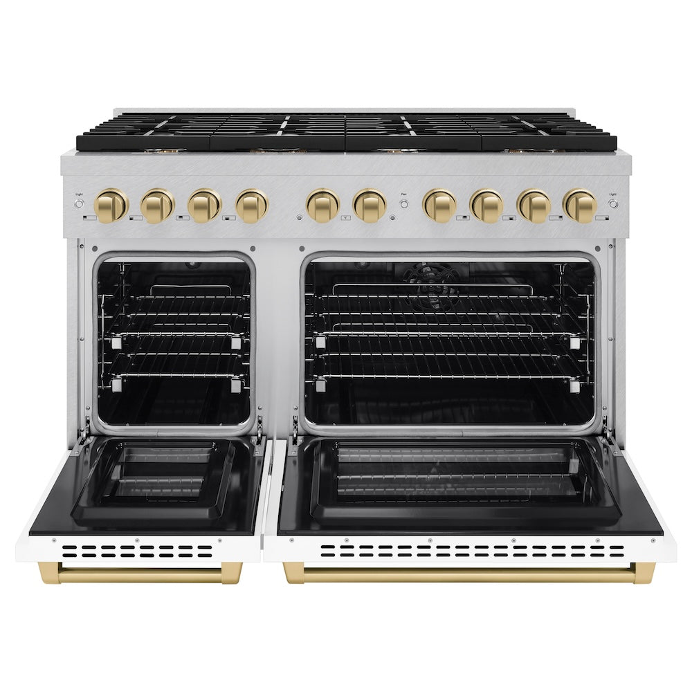Autograph Edition 48 In. 6.7 Cu. Ft. Paramount Double Oven Dual Fuel Range With 8 Burner Gas Cooktop In Satin Stainless Steel With White Matte Doors And Champagne Bronze Accents SDRSZWM48CB