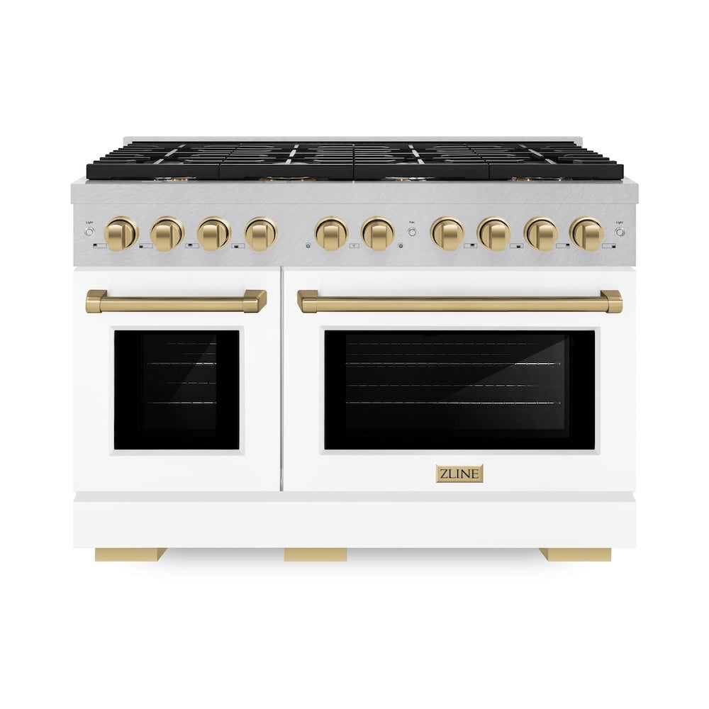 Autograph Edition 48 In. 6.7 Cu. Ft. Paramount Double Oven Dual Fuel Range With 8 Burner Gas Cooktop In Satin Stainless Steel With White Matte Doors And Champagne Bronze Accents SDRSZWM48CB