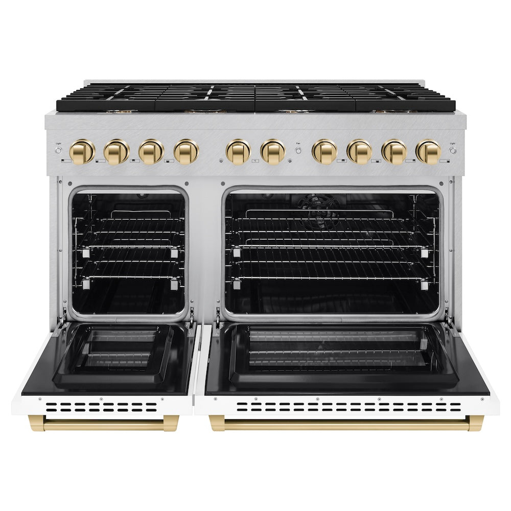 Autograph Edition 48 In. 6.7 Cu. Ft. Paramount Double Oven Dual Fuel Range With 8 Burner Gas Cooktop In Satin Stainless Steel With White Matte Doors And Polished Gold Accents SDRSZWM48G