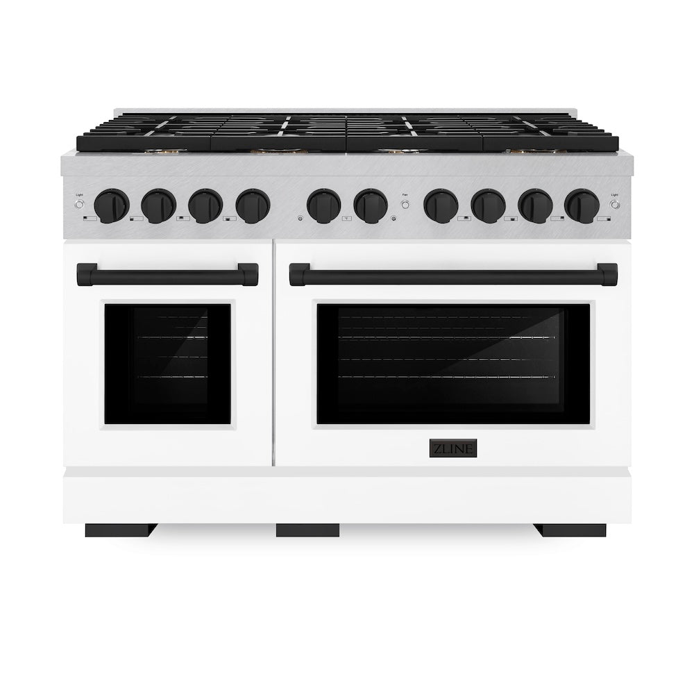 Autograph Edition 48 In. 6.7 Cu. Ft. Paramount Double Oven Dual Fuel Range With 8 Burner Gas Cooktop In Satin Stainless Steel With White Matte Doors And Matte Black Accents SDRSZWM48MB