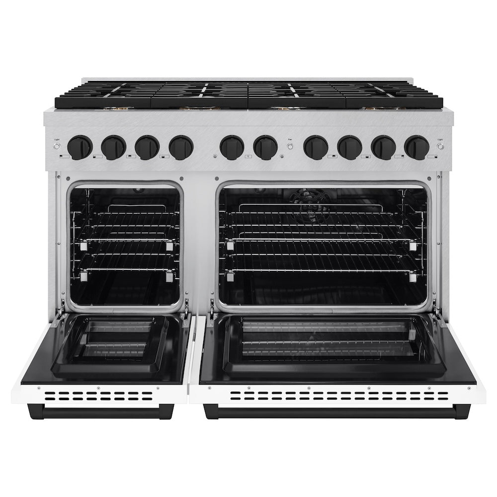Autograph Edition 48 In. 6.7 Cu. Ft. Paramount Double Oven Dual Fuel Range With 8 Burner Gas Cooktop In Satin Stainless Steel With White Matte Doors And Matte Black Accents SDRSZWM48MB