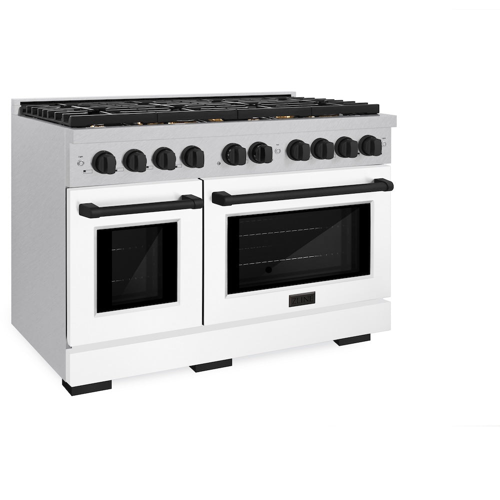 Autograph Edition 48 In. 6.7 Cu. Ft. Paramount Double Oven Dual Fuel Range With 8 Burner Gas Cooktop In Satin Stainless Steel With White Matte Doors And Matte Black Accents SDRSZWM48MB