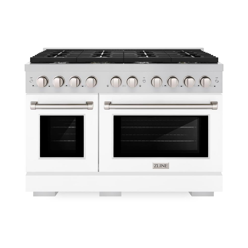 48 In. 6.7 Cu. Ft. Paramount Double Oven Dual Fuel Range With 8 Burner Gas Cooktop In Stainless Steel With White Matte Doors SDRWM48