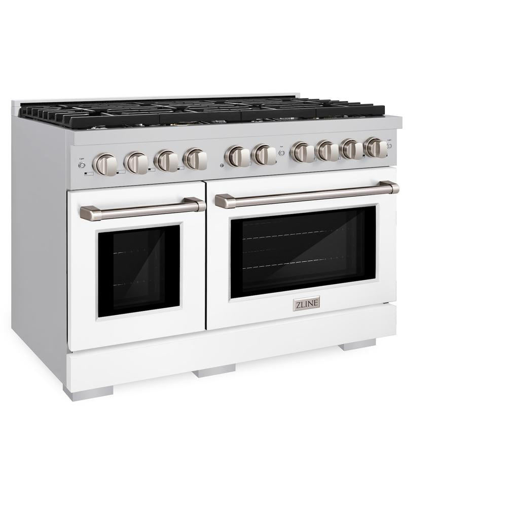 48 In. 6.7 Cu. Ft. Paramount Double Oven Dual Fuel Range With 8 Burner Gas Cooktop In Stainless Steel With White Matte Doors SDRWM48