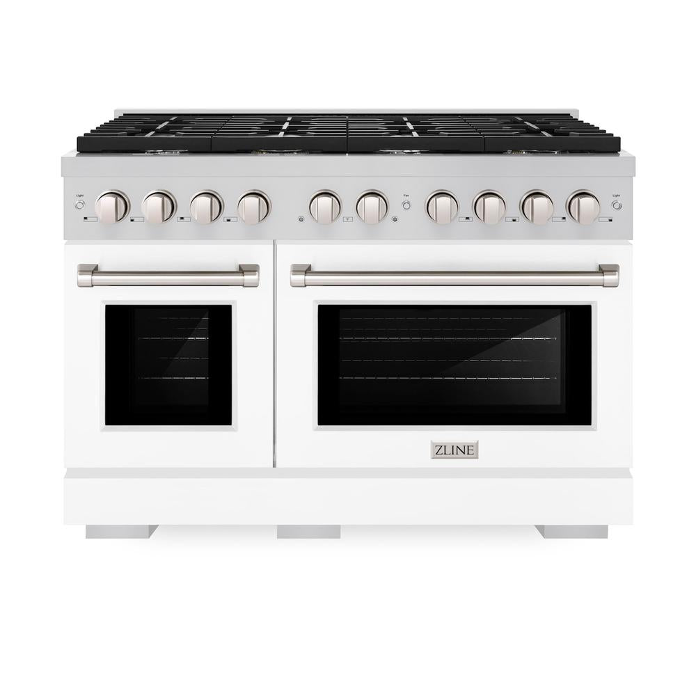 48 In. 6.7 Cu. Ft. Paramount Double Oven Dual Fuel Range With 8 Burner Gas Cooktop In Stainless Steel With White Matte Doors SDRWM48