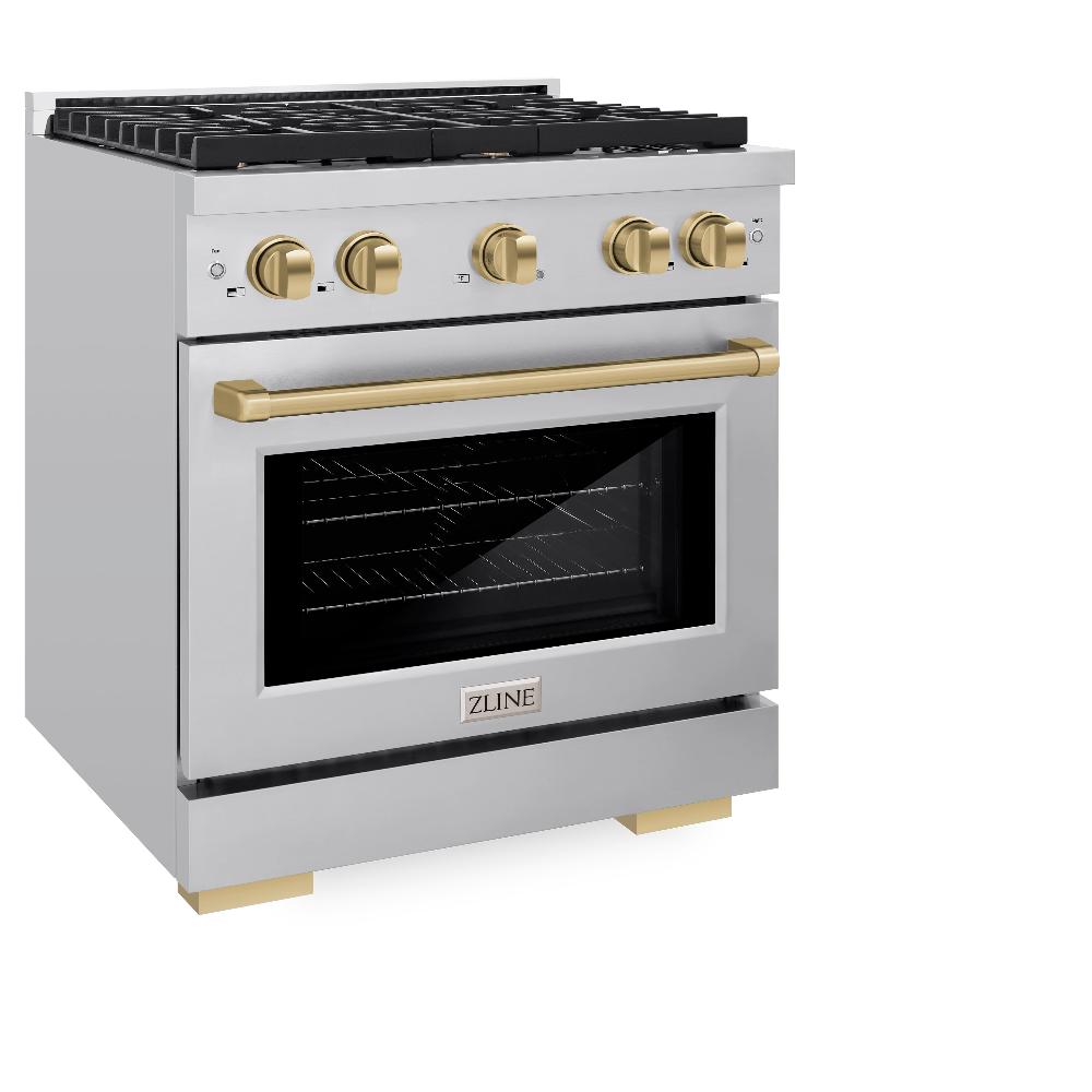 Autograph Edition 30 In. 4.2 Cu. Ft. Paramount Dual Fuel Range With 4 Burner Gas Cooktop And Electric Convection Oven In Stainless Steel With Champagne Bronze Accents SDRZ30CB