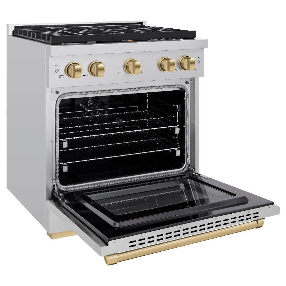 Autograph Edition 30 In. 4.2 Cu. Ft. Paramount Dual Fuel Range With 4 Burner Gas Cooktop And Electric Convection Oven In Stainless Steel With Champagne Bronze Accents SDRZ30CB