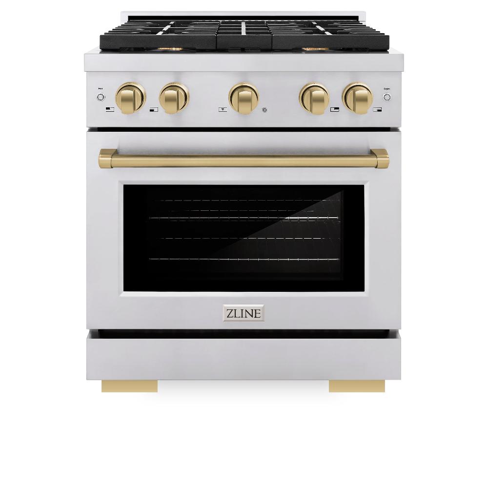 Autograph Edition 30 In. 4.2 Cu. Ft. Paramount Dual Fuel Range With 4 Burner Gas Cooktop And Electric Convection Oven In Stainless Steel With Champagne Bronze Accents SDRZ30CB