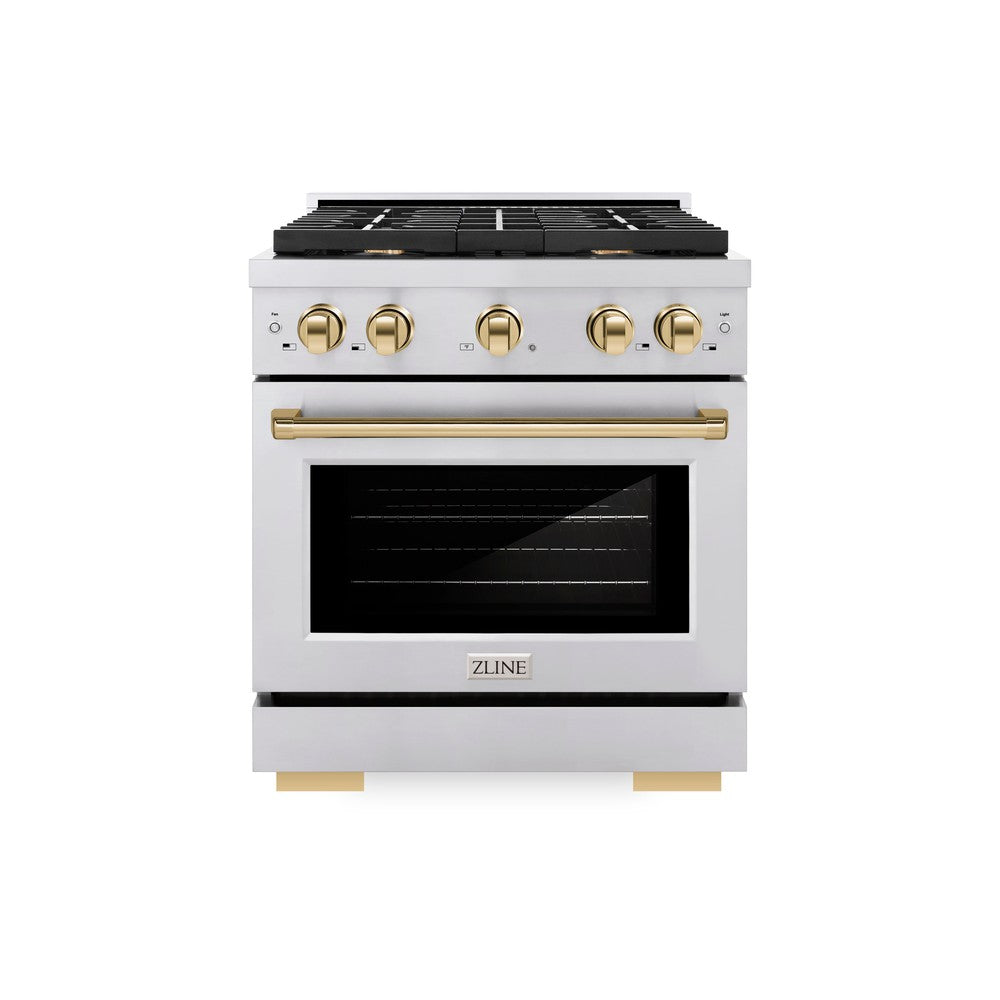 Autograph Edition 30 In. 4.2 Cu. Ft. Paramount Dual Fuel Range With 4 Burner Gas Cooktop And Electric Convection Oven In Stainless Steel With Polished Gold Accents SDRZ30G