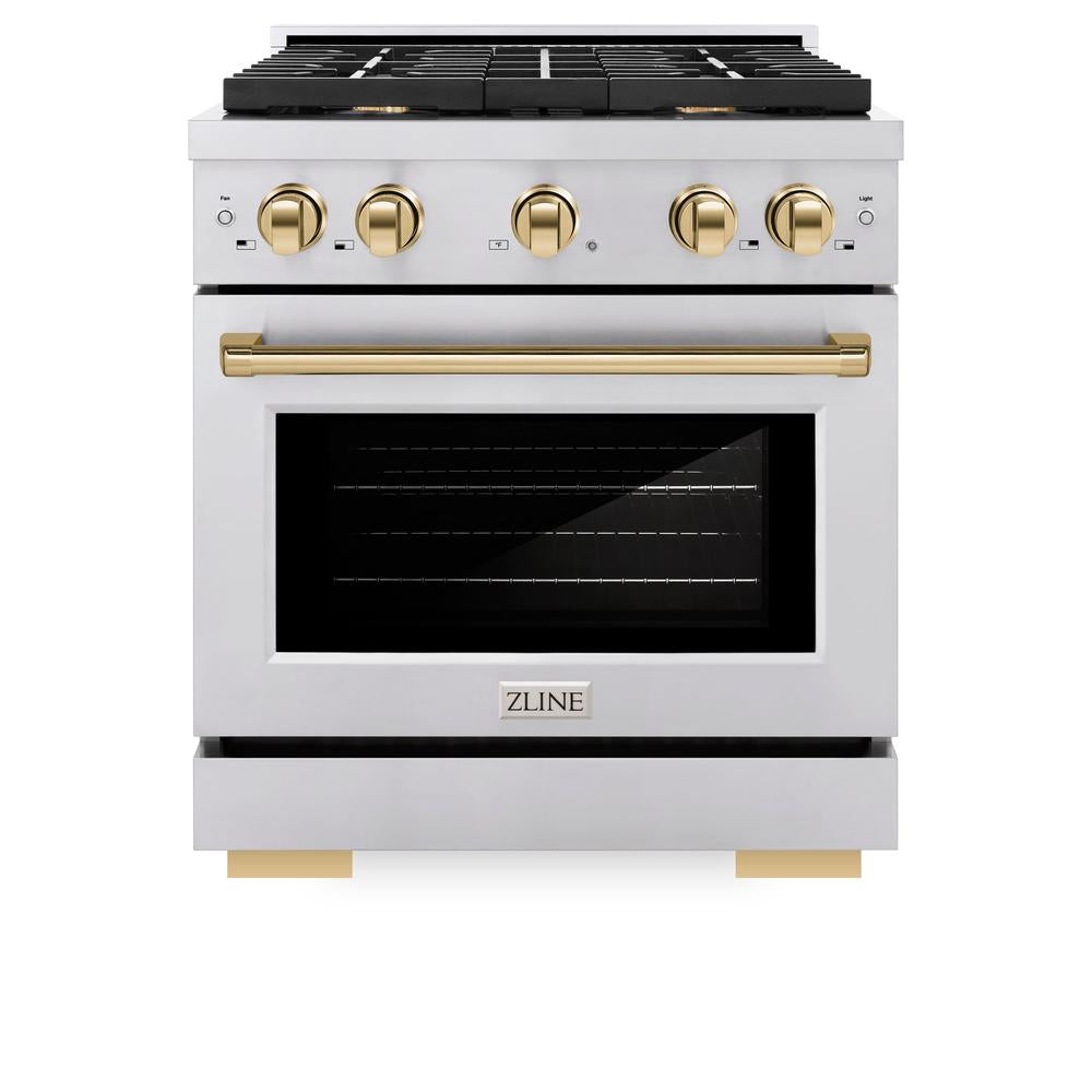 Autograph Edition 30 In. 4.2 Cu. Ft. Paramount Dual Fuel Range With 4 Burner Gas Cooktop And Electric Convection Oven In Stainless Steel With Polished Gold Accents SDRZ30G