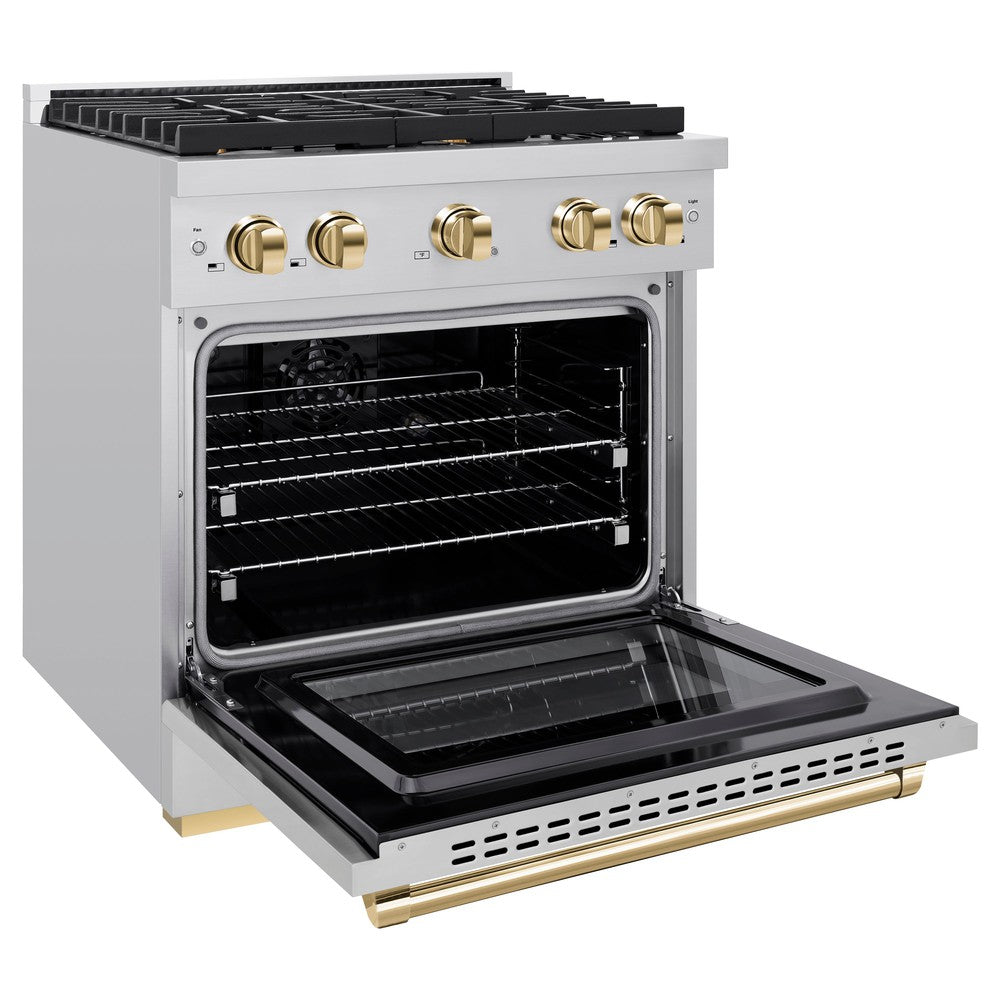 Autograph Edition 30 In. 4.2 Cu. Ft. Paramount Dual Fuel Range With 4 Burner Gas Cooktop And Electric Convection Oven In Stainless Steel With Polished Gold Accents SDRZ30G