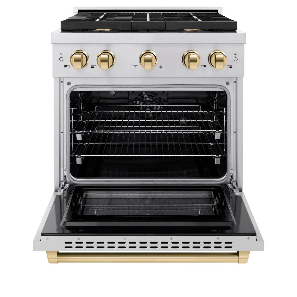 Autograph Edition 30 In. 4.2 Cu. Ft. Paramount Dual Fuel Range With 4 Burner Gas Cooktop And Electric Convection Oven In Stainless Steel With Polished Gold Accents SDRZ30G