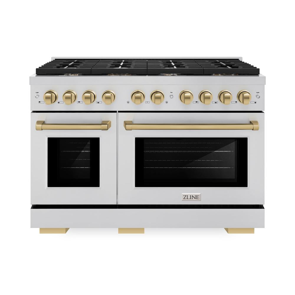 Autograph Edition 48 In. 6.7 Cu. Ft. Paramount Double Oven Dual Fuel Range With 8 Burner Gas Cooktop In Stainless Steel And Champagne Bronze Accents SDRZ48CB