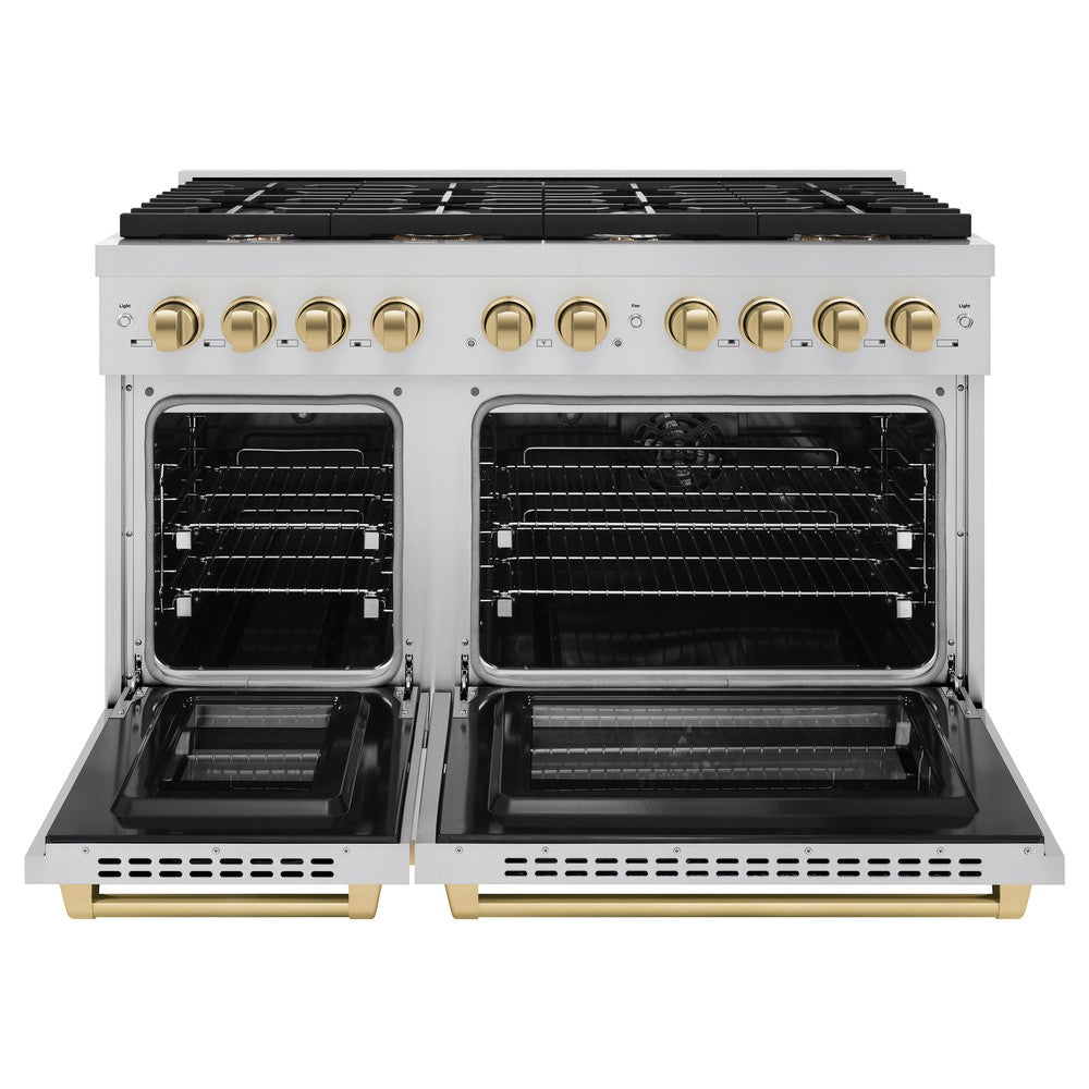 Autograph Edition 48 In. 6.7 Cu. Ft. Paramount Double Oven Dual Fuel Range With 8 Burner Gas Cooktop In Stainless Steel And Champagne Bronze Accents SDRZ48CB