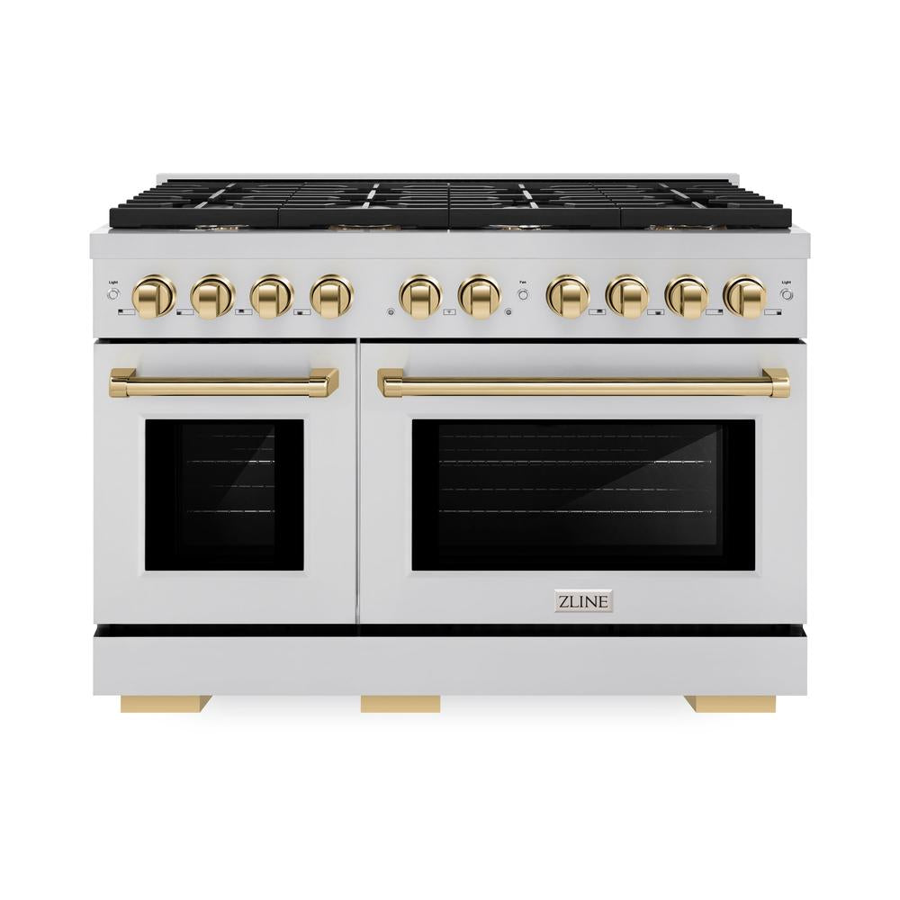 Autograph Edition 48 In. 6.7 Cu. Ft. Paramount Double Oven Dual Fuel Range With 8 Burner Gas Cooktop In Stainless Steel And Polished Gold Accents SDRZ48G