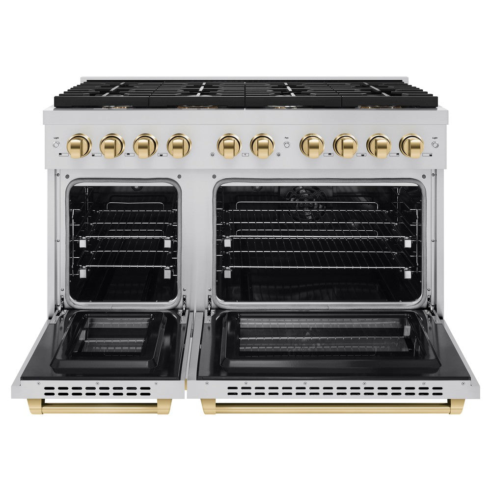 Autograph Edition 48 In. 6.7 Cu. Ft. Paramount Double Oven Dual Fuel Range With 8 Burner Gas Cooktop In Stainless Steel And Polished Gold Accents SDRZ48G