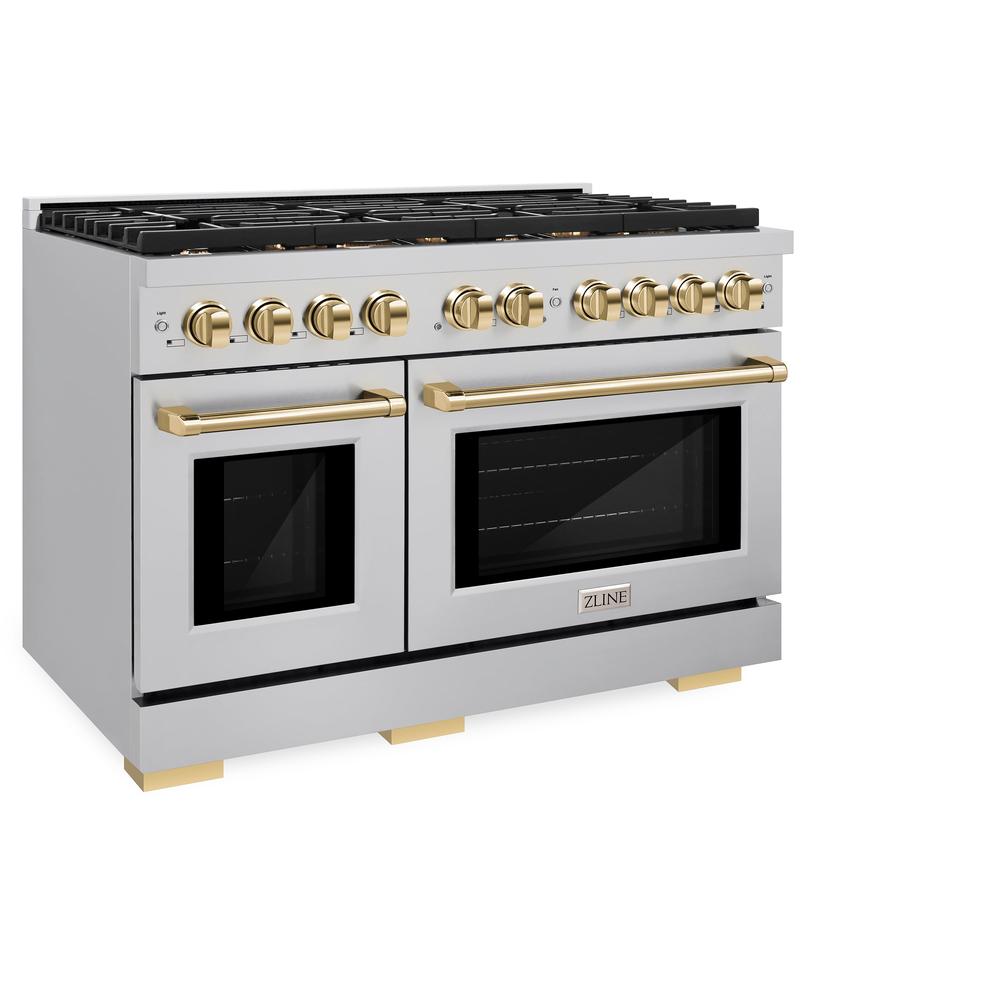 Autograph Edition 48 In. 6.7 Cu. Ft. Paramount Double Oven Dual Fuel Range With 8 Burner Gas Cooktop In Stainless Steel And Polished Gold Accents SDRZ48G