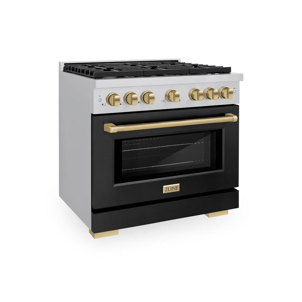 Autograph Edition 36 In. 5.2 Cu. Ft. Paramount Dual Fuel Range With 6 Burner Gas Cooktop And Electric Convection Oven In Stainless Steel With Black Matte Door And Champagne Bronze Accents SDRZBLM36CB