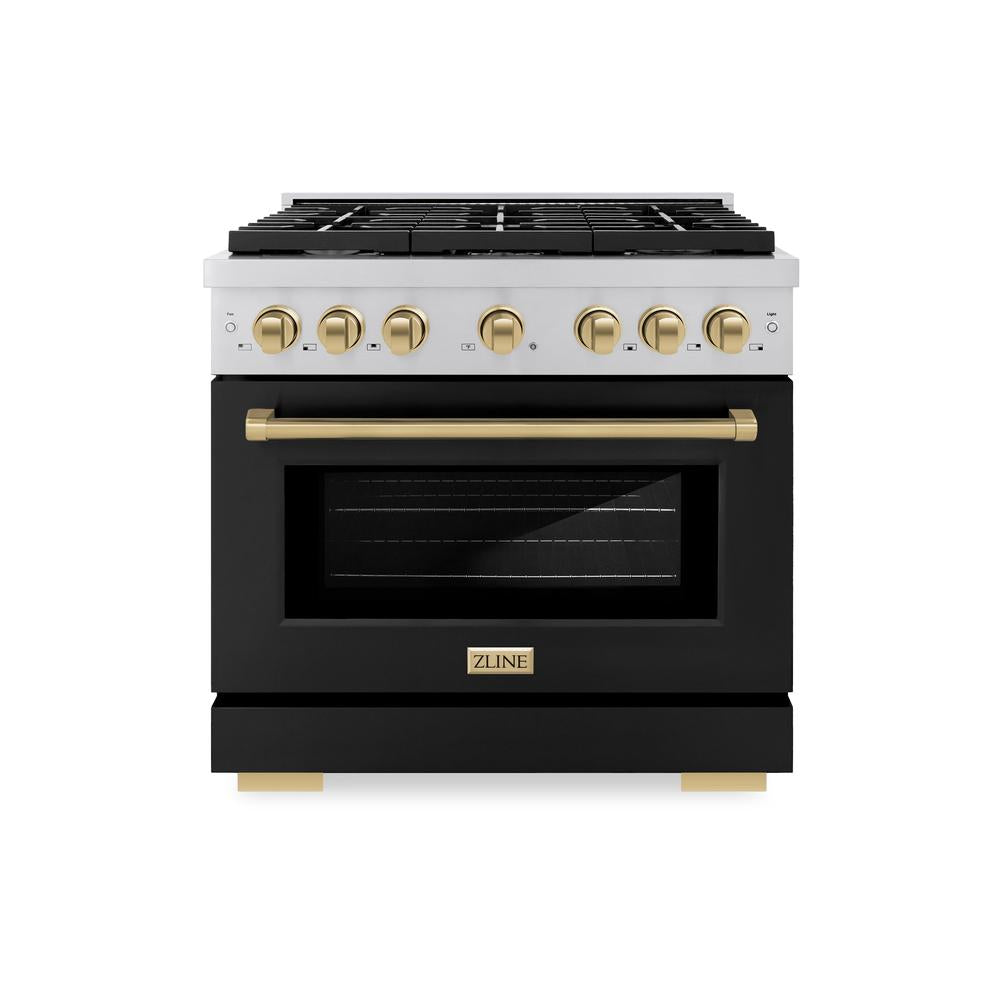 Autograph Edition 36 In. 5.2 Cu. Ft. Paramount Dual Fuel Range With 6 Burner Gas Cooktop And Electric Convection Oven In Stainless Steel With Black Matte Door And Champagne Bronze Accents SDRZBLM36CB