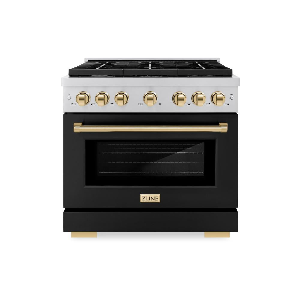 Autograph Edition 36 In. 5.2 Cu. Ft. Paramount Dual Fuel Range With 6 Burner Gas Cooktop And Electric Convection Oven In Stainless Steel With Black Matte Door And Polished Gold Accents SDRZBLM36G
