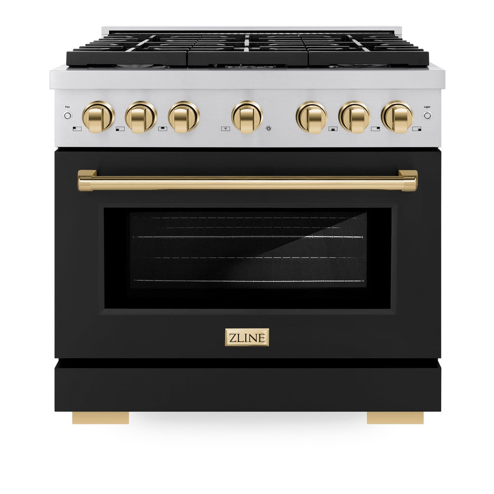 Autograph Edition 36 In. 5.2 Cu. Ft. Paramount Dual Fuel Range With 6 Burner Gas Cooktop And Electric Convection Oven In Stainless Steel With Black Matte Door And Polished Gold Accents SDRZBL