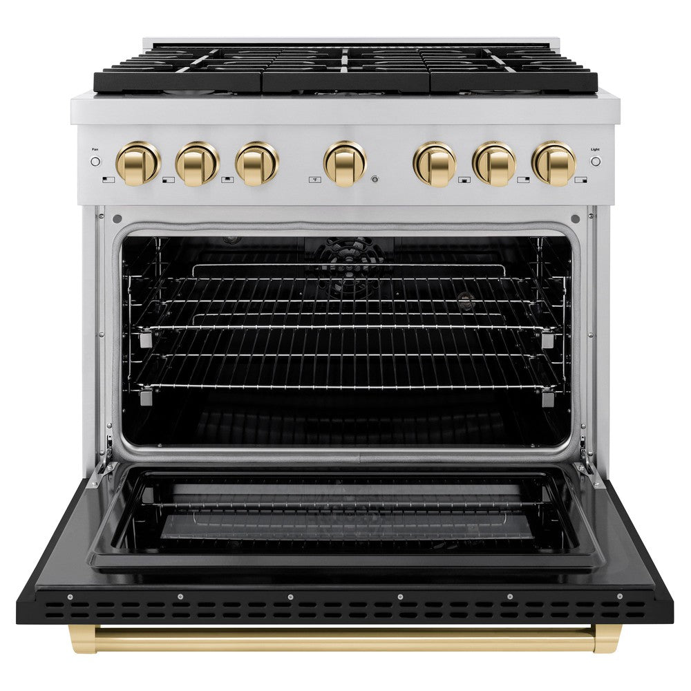 Autograph Edition 36 In. 5.2 Cu. Ft. Paramount Dual Fuel Range With 6 Burner Gas Cooktop And Electric Convection Oven In Stainless Steel With Black Matte Door And Polished Gold Accents SDRZBLM36G