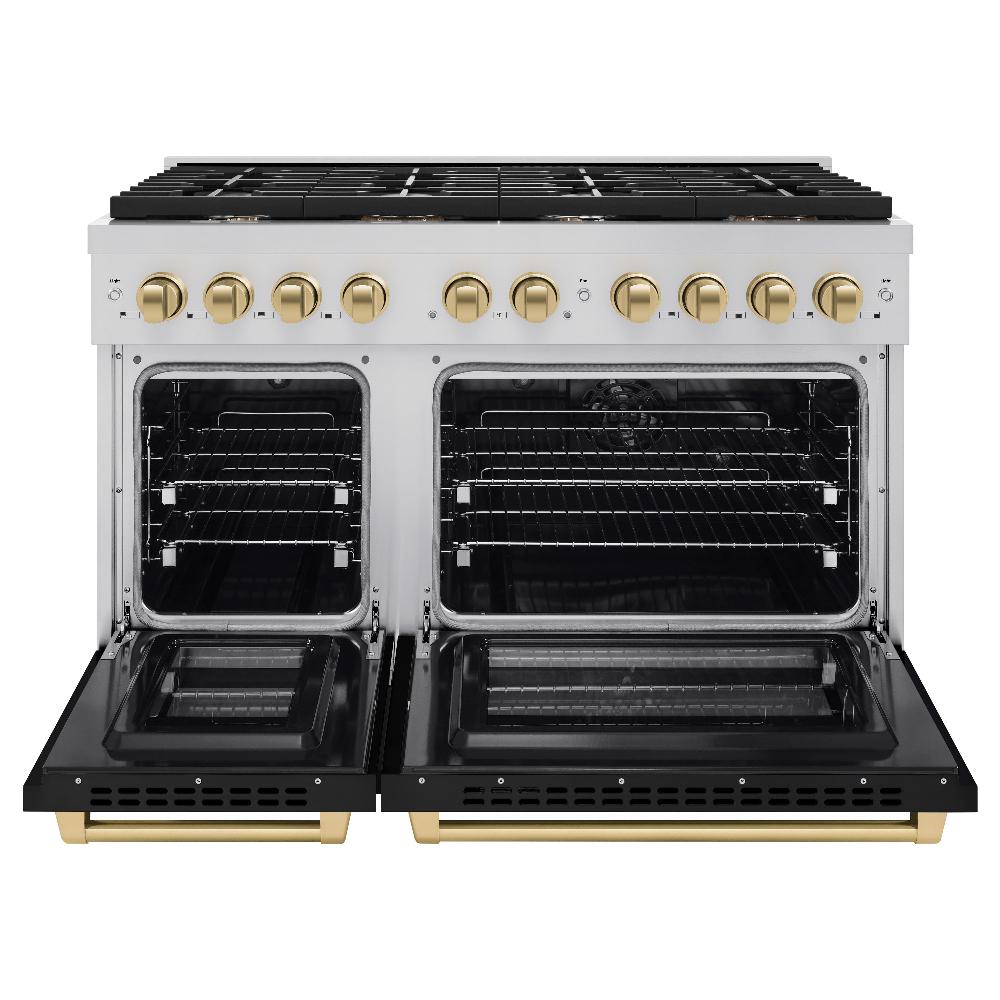 Autograph Edition 48 In. 6.7 Cu. Ft. Paramount Double Oven Dual Fuel Range With 8 Burner Gas Cooktop In Stainless Steel With Black Matte Doors And Champagne Bronze Accents SDRZBLM48CB