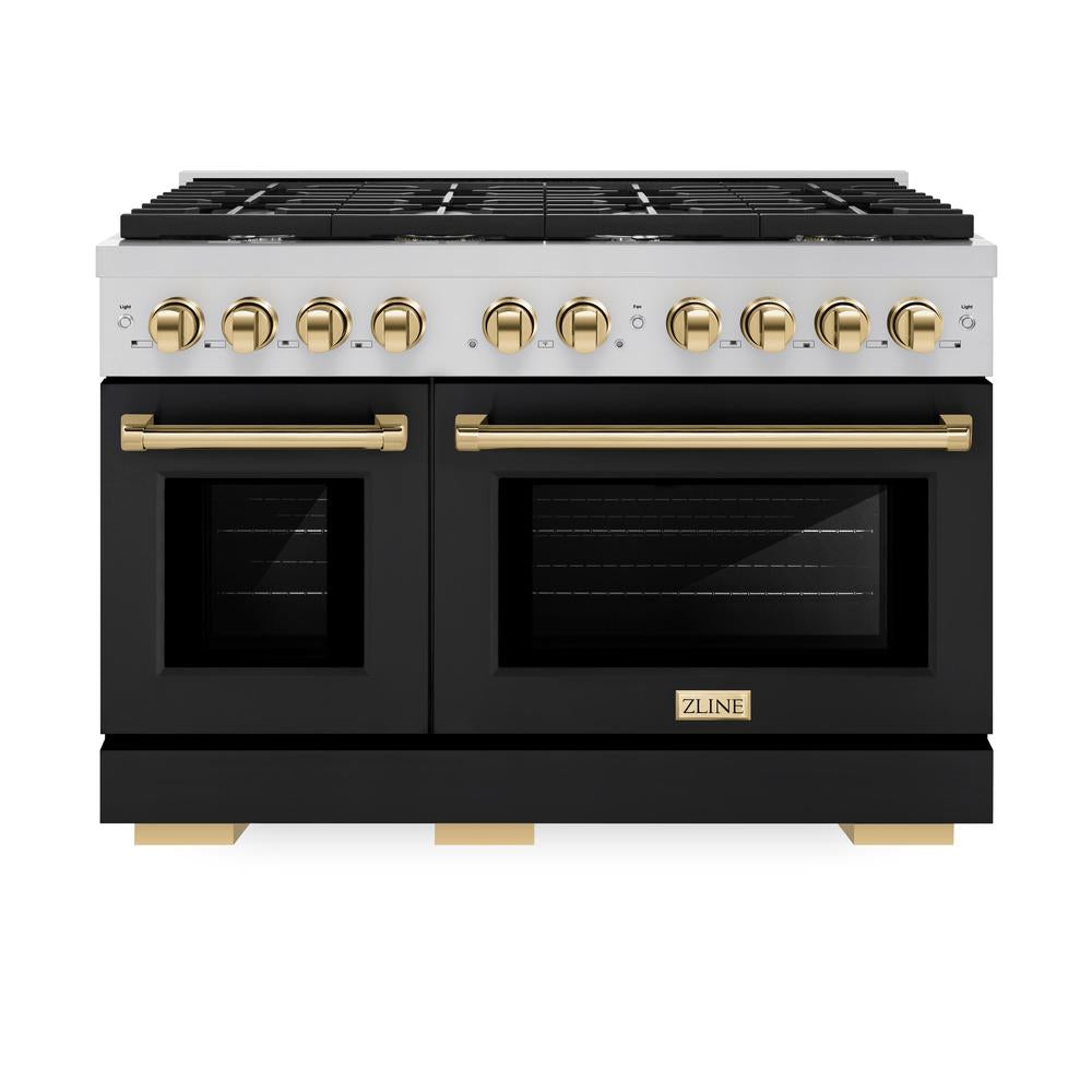 Autograph Edition 48 In. 6.7 Cu. Ft. Paramount Double Oven Dual Fuel Range With 8 Burner Gas Cooktop In Stainless Steel With Black Matte Doors And Polished Gold Accents SDRZBLM48G