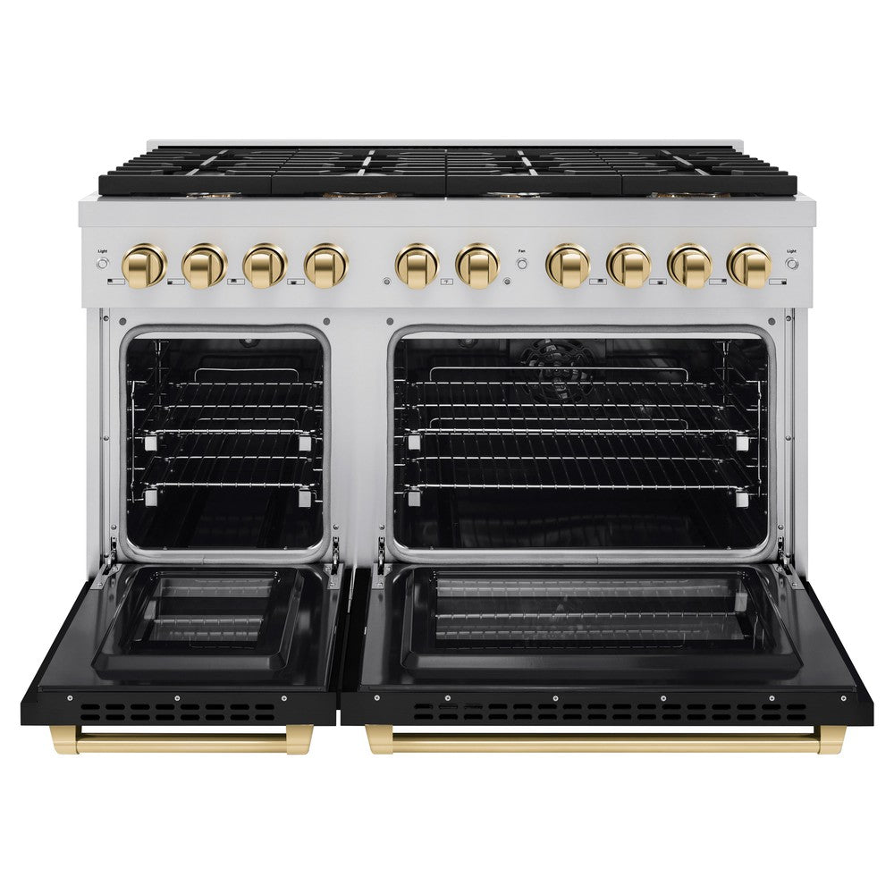 Autograph Edition 48 In. 6.7 Cu. Ft. Paramount Double Oven Dual Fuel Range With 8 Burner Gas Cooktop In Stainless Steel With Black Matte Doors And Polished Gold Accents SDRZBLM48G