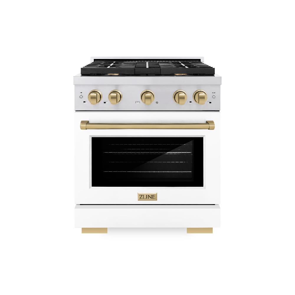 Autograph Edition 30 In. 4.2 Cu. Ft. Paramount Dual Fuel Range With 4 Burner Gas Cooktop And Electric Convection Oven In Stainless Steel With White Matte Door And Champagne Bronze Accents SDRZWM30CB