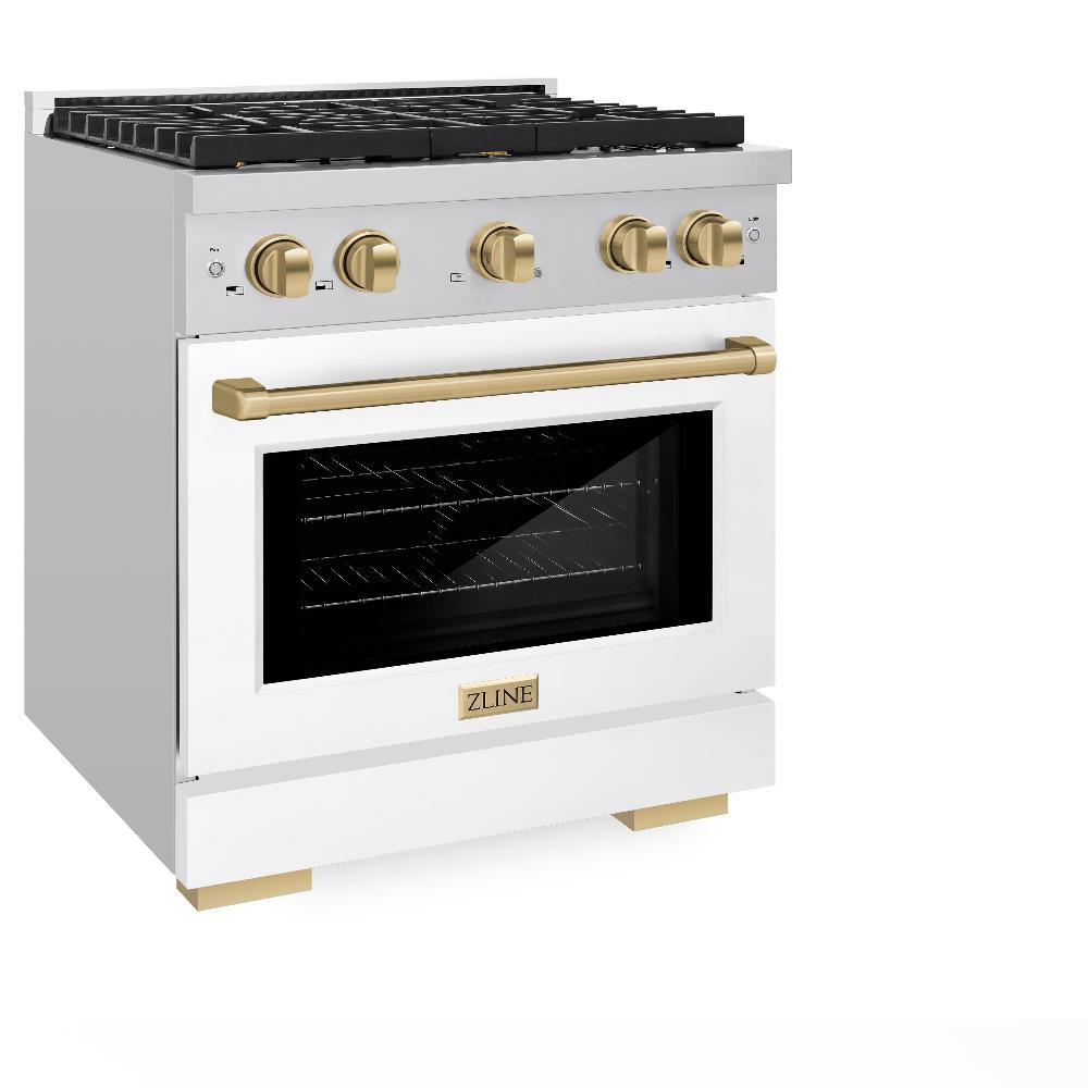 Autograph Edition 30 In. 4.2 Cu. Ft. Paramount Dual Fuel Range With 4 Burner Gas Cooktop And Electric Convection Oven In Stainless Steel With White Matte Door And Champagne Bronze Accents SDRZWM30CB