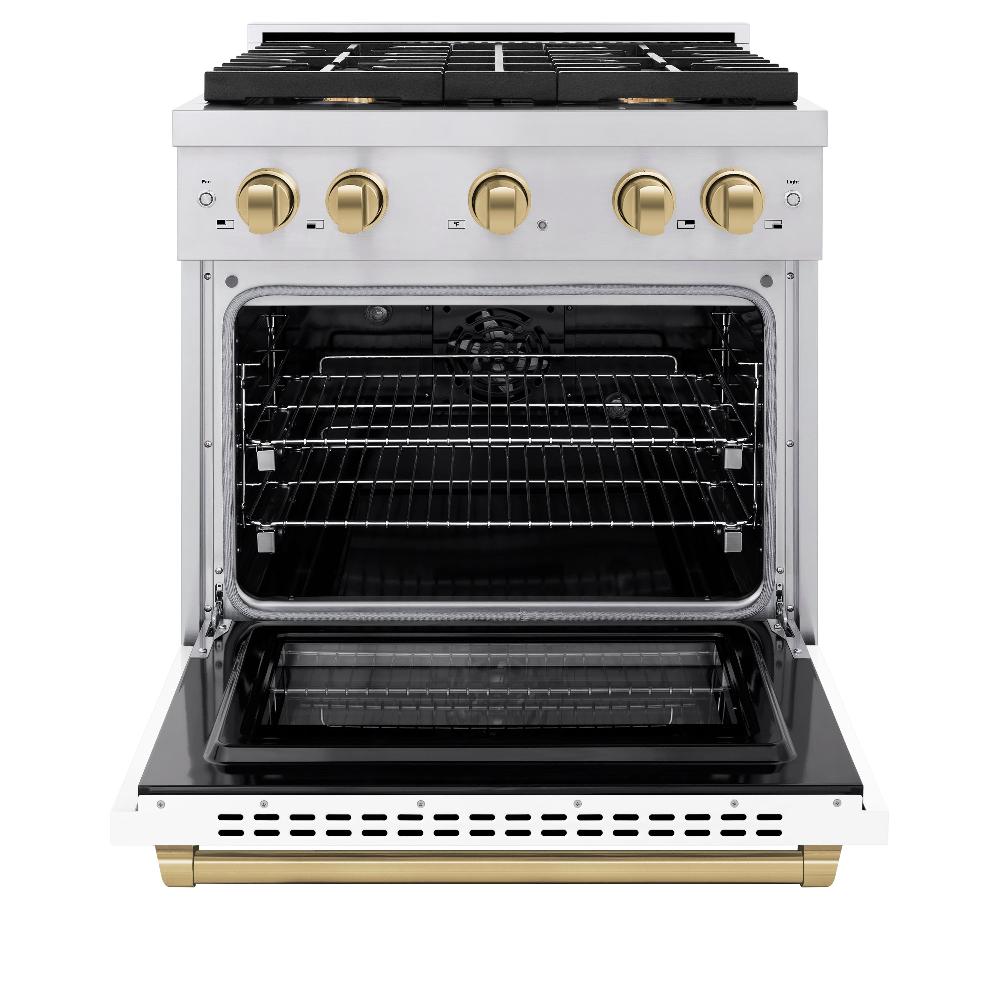 Autograph Edition 30 In. 4.2 Cu. Ft. Paramount Dual Fuel Range With 4 Burner Gas Cooktop And Electric Convection Oven In Stainless Steel With White Matte Door And Champagne Bronze Accents SDRZWM30CB