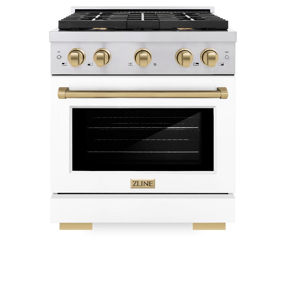 Autograph Edition 30 In. 4.2 Cu. Ft. Paramount Dual Fuel Range With 4 Burner Gas Cooktop And Electric Convection Oven In Stainless Steel With White Matte Door And Champagne Bronze Accents SDRZWM30CB