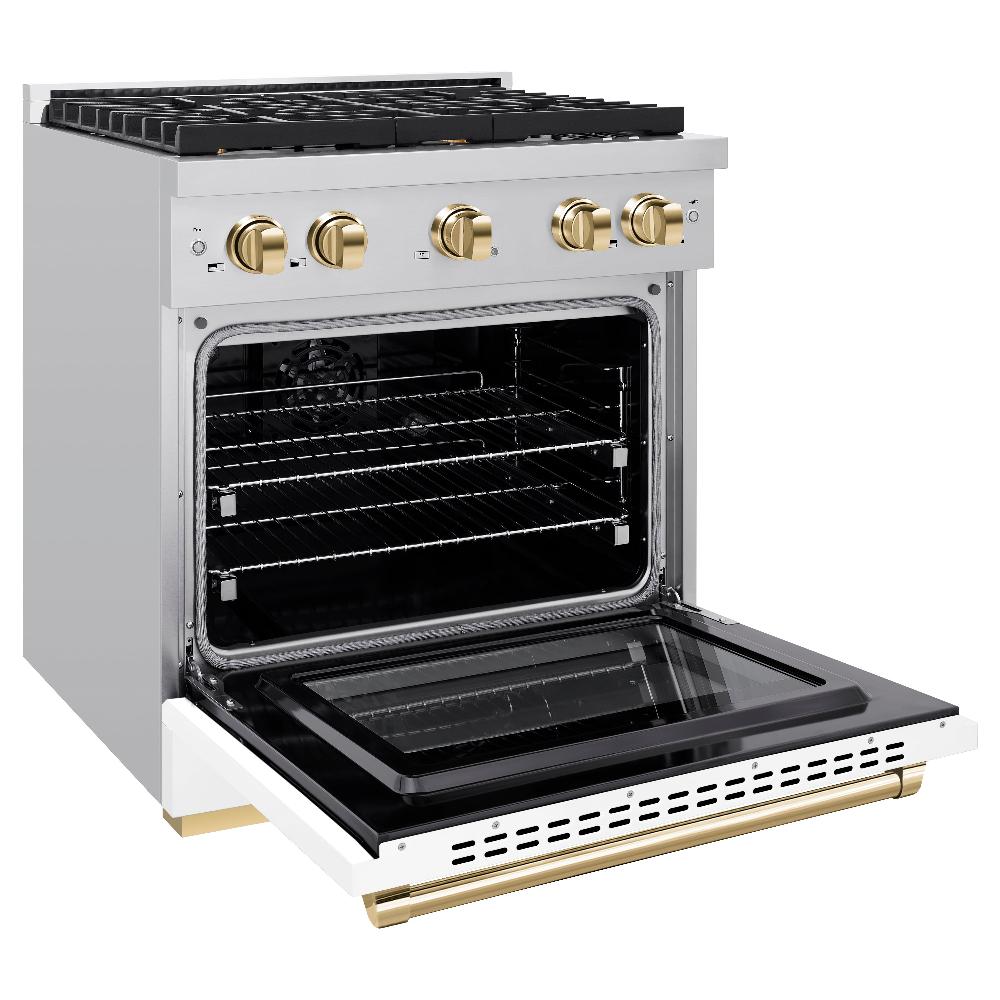 Autograph Edition 30 In. 4.2 Cu. Ft. Paramount Dual Fuel Range With 4 Burner Gas Cooktop And Electric Convection Oven In Stainless Steel With White Matte Door And Polished Gold Accents SDRZWM30G