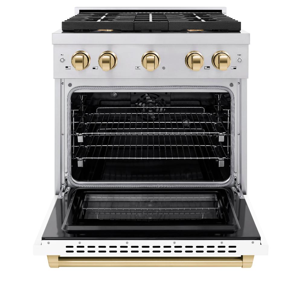 Autograph Edition 30 In. 4.2 Cu. Ft. Paramount Dual Fuel Range With 4 Burner Gas Cooktop And Electric Convection Oven In Stainless Steel With White Matte Door And Polished Gold Accents SDRZWM30G