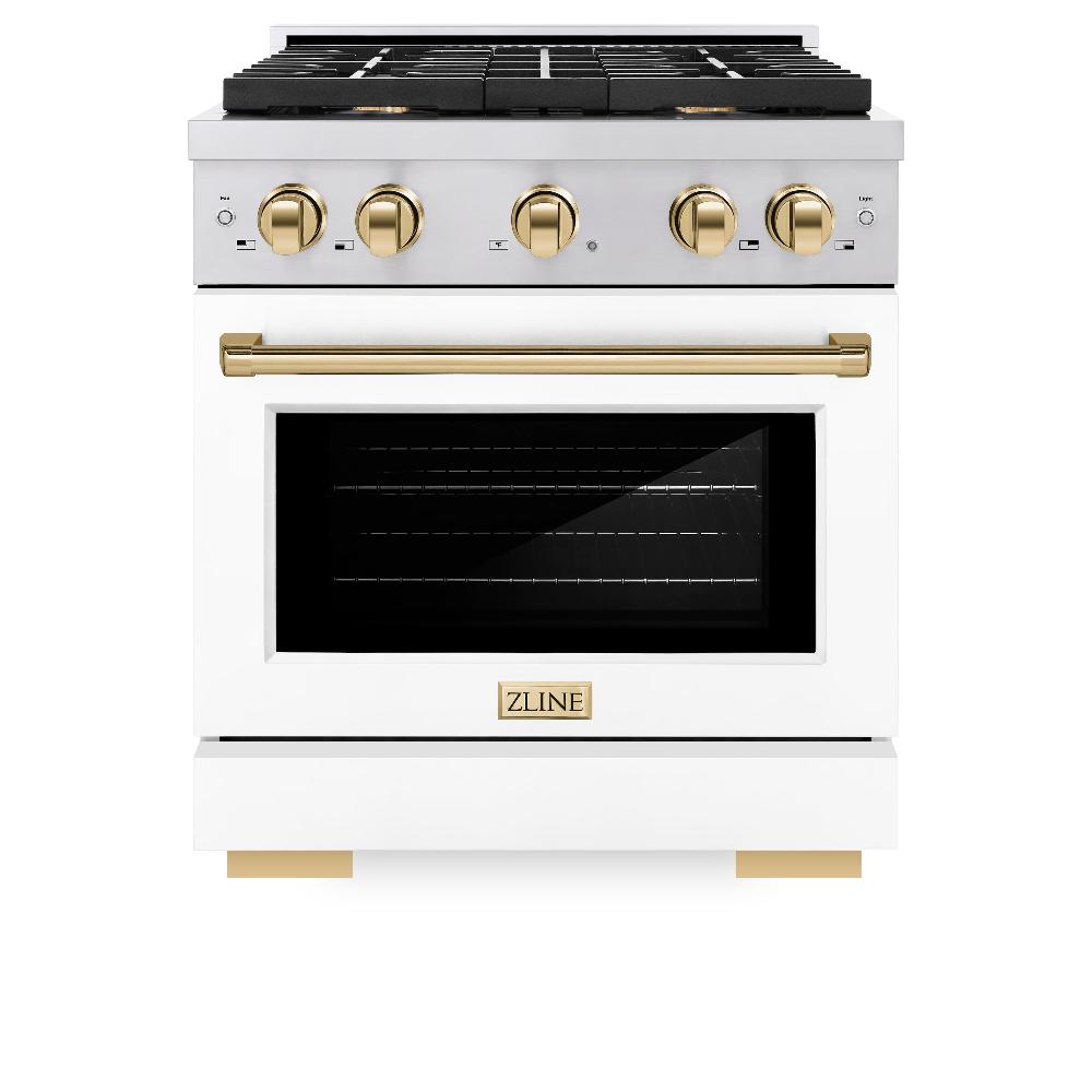 Autograph Edition 30 In. 4.2 Cu. Ft. Paramount Dual Fuel Range With 4 Burner Gas Cooktop And Electric Convection Oven In Stainless Steel With White Matte Door And Polished Gold Accents SDRZWM30G
