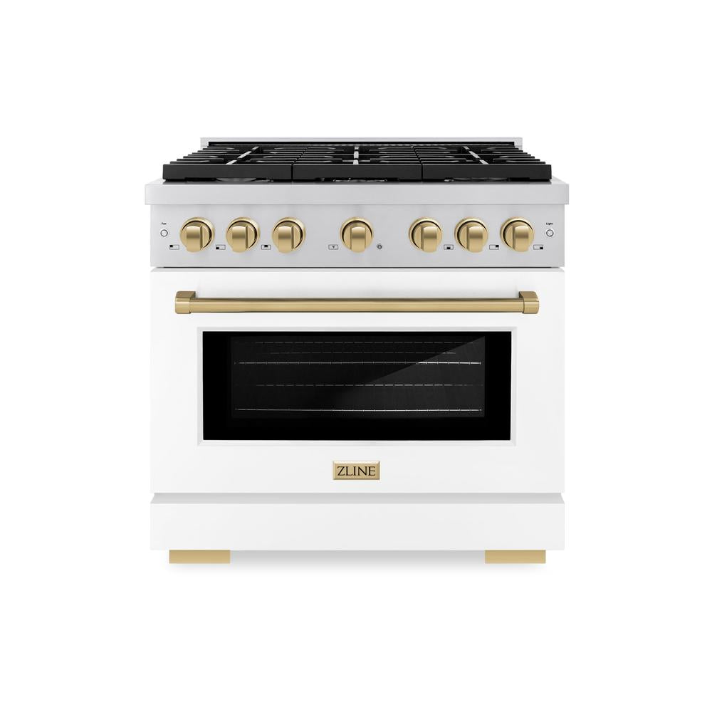 Autograph Edition 36 In. 5.2 Cu. Ft. Paramount Dual Fuel Range With 6 Burner Gas Cooktop And Electric Convection Oven In Stainless Steel With White Matte Door And Champagne Bronze Accents SDRZWM36CB