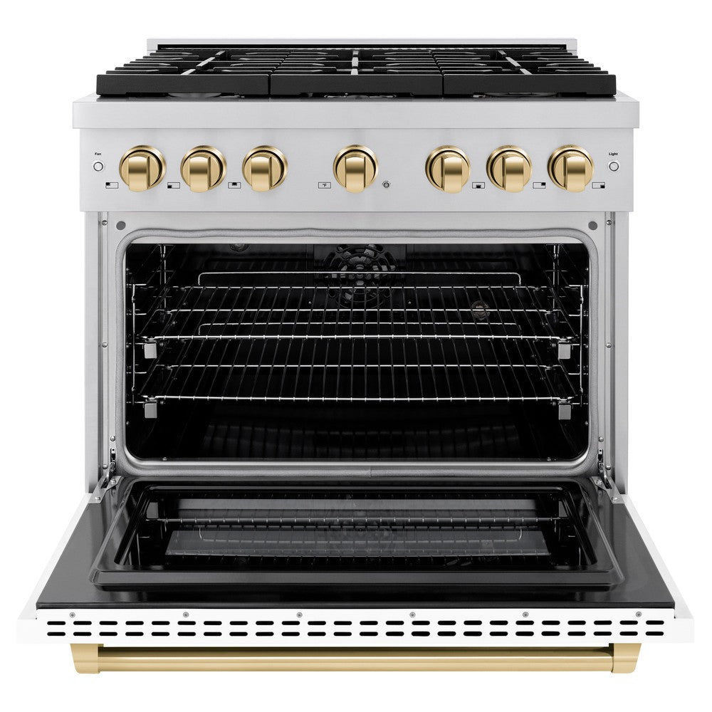 Autograph Edition 36 In. 5.2 Cu. Ft. Paramount Dual Fuel Range With 6 Burner Gas Cooktop And Electric Convection Oven In Stainless Steel With White Matte Door And Polished Gold Accents SDRZWM36G