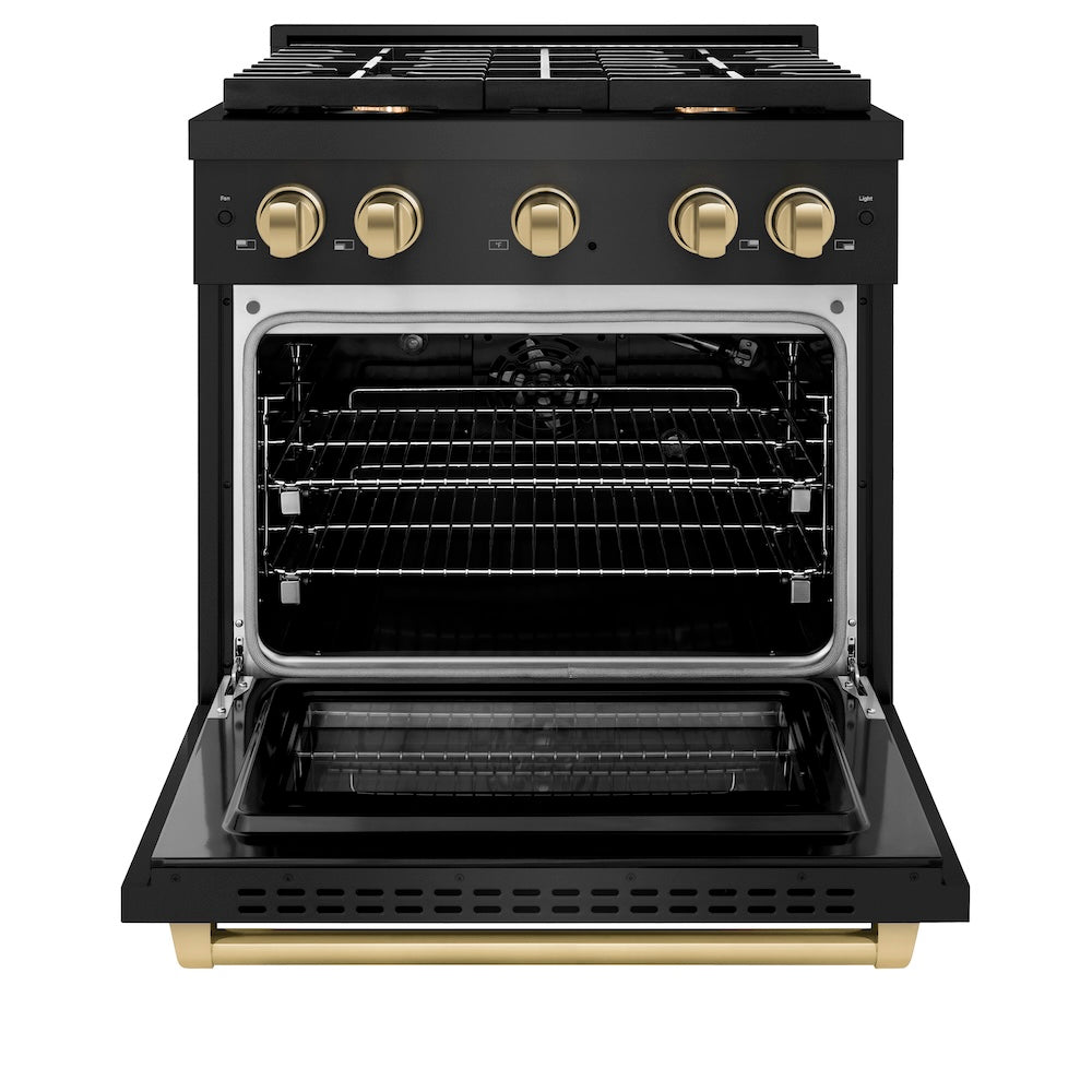 Autograph Edition 30 In. 4.2 Cu. Ft. Paramount Gas Range With 4 Burner Cooktop And Convection Gas Oven In Black Stainless Steel And Champagne Bronze Accents SGRBZ30CB
