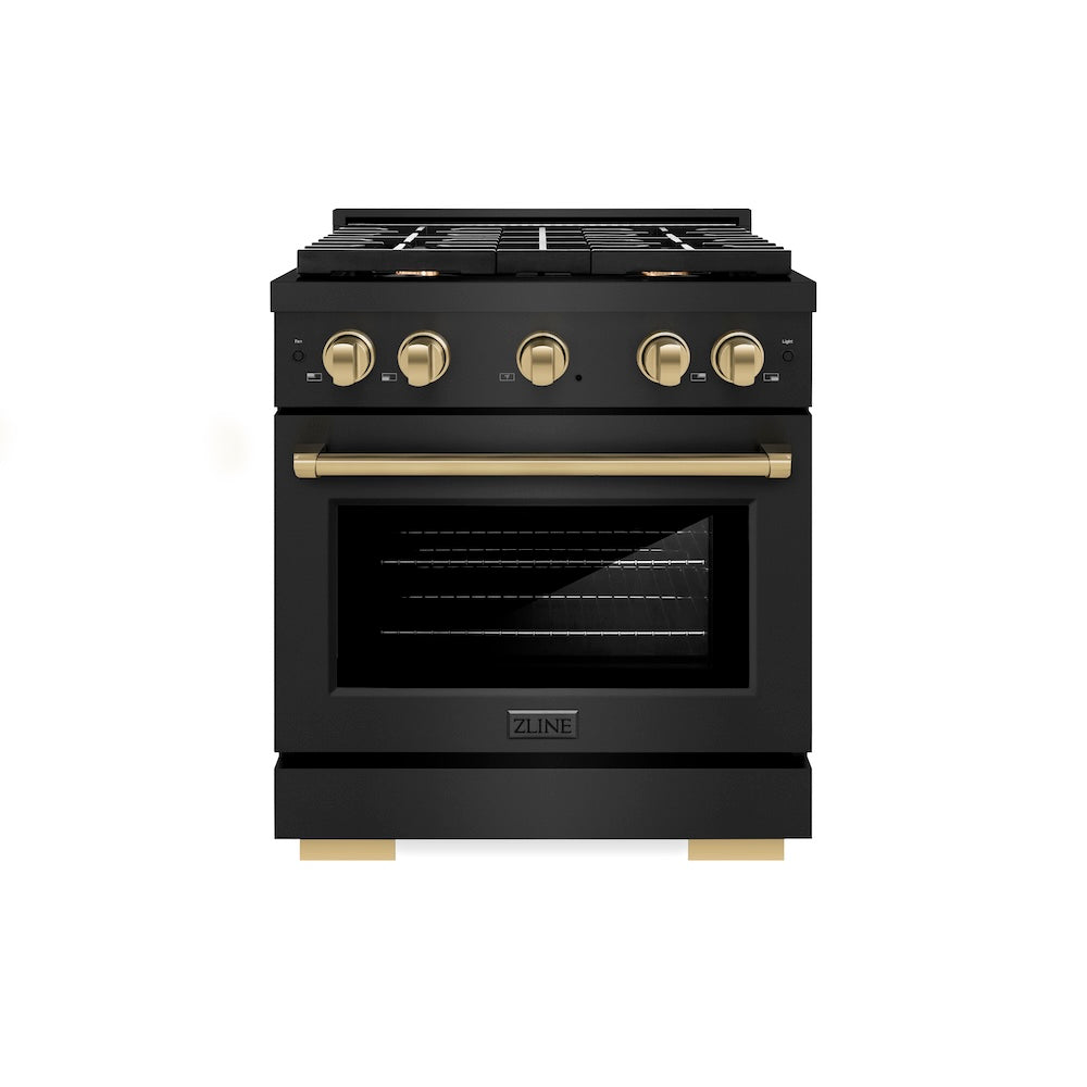 Autograph Edition 30 In. 4.2 Cu. Ft. Paramount Gas Range With 4 Burner Cooktop And Convection Gas Oven In Black Stainless Steel And Champagne Bronze Accents SGRBZ30CB