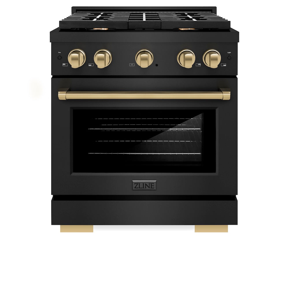 Autograph Edition 30 In. 4.2 Cu. Ft. Paramount Gas Range With 4 Burner Cooktop And Convection Gas Oven In Black Stainless Steel And Champagne Bronze Accents SGRBZ30CB