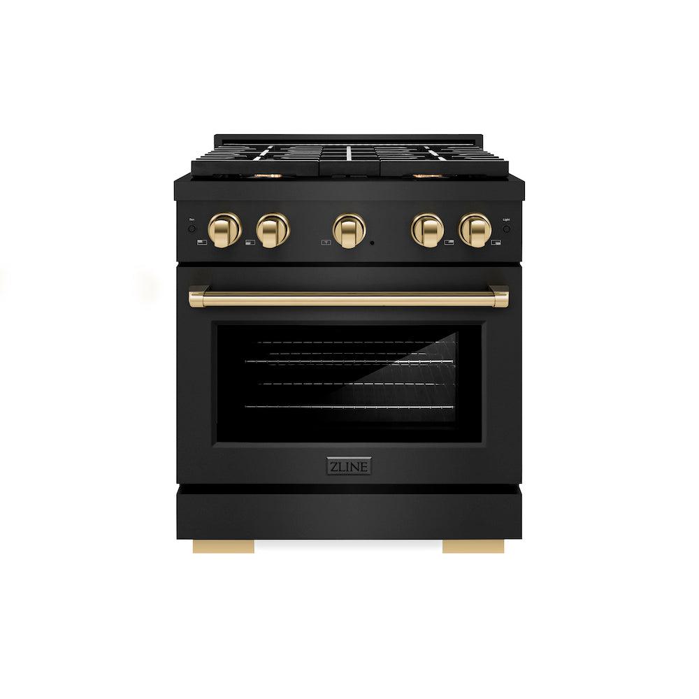 Autograph Edition 30 In. 4.2 Cu. Ft. Paramount Gas Range With 4 Burner Cooktop And Convection Gas Oven In Black Stainless Steel And Polished Gold Accents SGRBZ30G