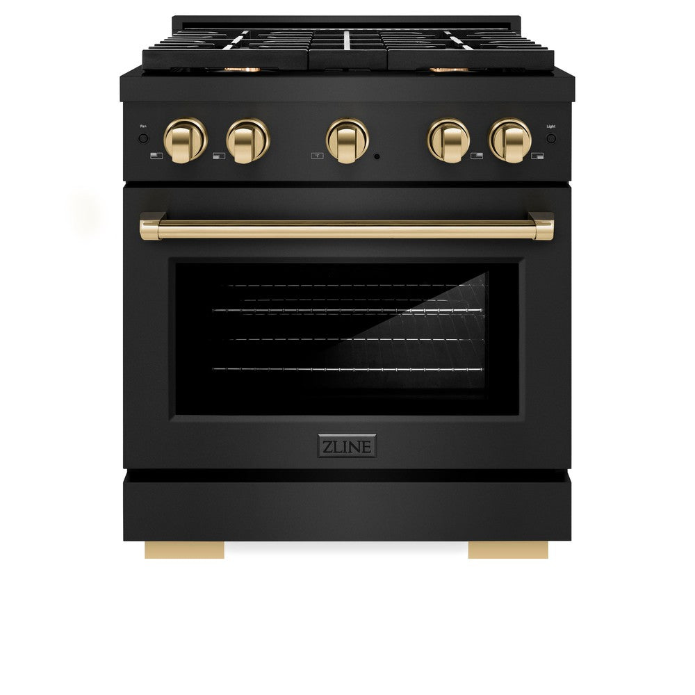 Autograph Edition 30 In. 4.2 Cu. Ft. Paramount Gas Range With 4 Burner Cooktop And Convection Gas Oven In Black Stainless Steel And Polished Gold Accents SGRBZ30G